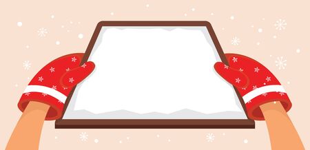 hands with winter red gloves holding Christmas bakery tray. card or invitation with place for your text.のイラスト素材