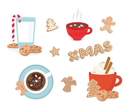 set of winter drinks, phrases and gingerbread cookies. Winter set for Christmas or New Year designs.のイラスト素材