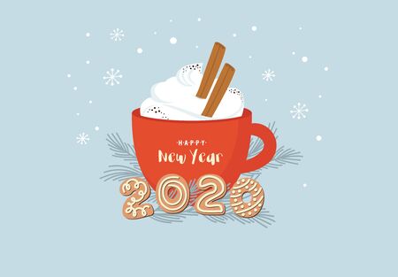 Christmas greeting card, winter invitation with red cup of hot drink. Cocoa or coffee decorated with cinnamone sticks, gingerbread cookie and fir tree branches. illustration backgroundのイラスト素材