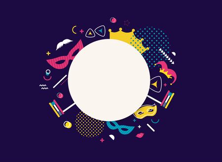 Happy Purim. jewish holiday background and Carnival funfair banner with Carnival masks and traditional Jewish items.のイラスト素材