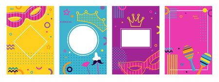 Carnival colorful posters set, flyer or invitation. Funfair funny tickets design with mask and crown on colorful modern geometric background in memphis 80s styleのイラスト素材