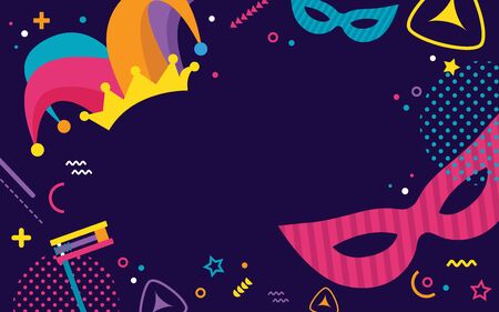 Happy Purim. jewish holiday background and Carnaval funfair banner with Carnival masks and traditional Jewish items.のイラスト素材