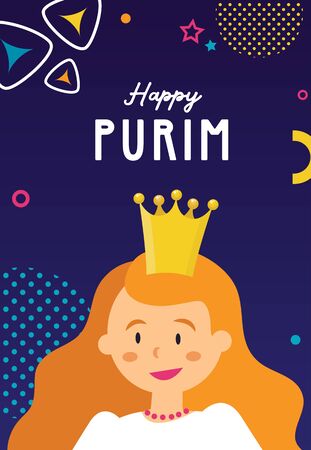 Costume card invitation cute girl with queen Esther costume. costume party. Template card for Purim, Carnival or birthday party. happy purim , jewish holidayのイラスト素材
