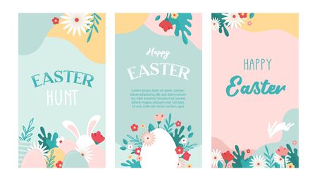 Happy Easter. Greeting cards or posters with bunny, spring flowers and Easter egg. Egg hunt poster template. Spring background.のイラスト素材