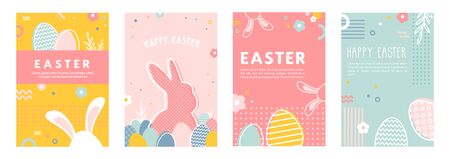 Happy Easter. Greeting cards or posters with bunny, spring flowers and Easter egg. Egg hunt poster template. Spring background.のイラスト素材