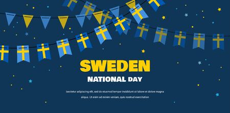 National Day of Sweden, independence day. Vector banner background with bunting of flags. Background for greeting Card, Poster, Web Banner Designのイラスト素材