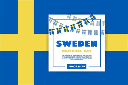 National Day of Sweden, independence day. Vector banner background with bunting of Swedish flags. Background for greeting Card, Poster, Web Banner Design.のイラスト素材