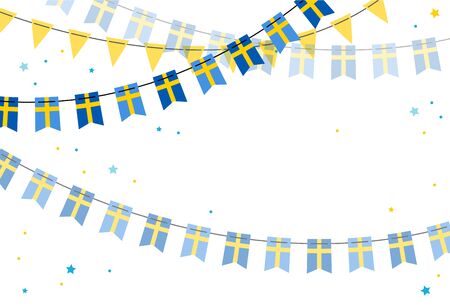 National Day of Sweden, independence day. Vector banner background with bunting of Swedish flags. Background for greeting Card, Poster, Web Banner Designのイラスト素材