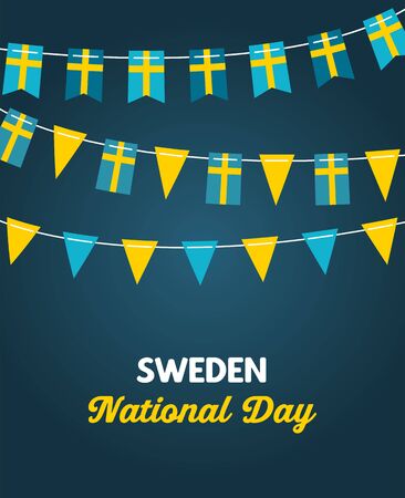 National Day of Sweden, independence day. Vector banner background with bunting of Swedish flags. Background for greeting Card, Poster, Web Banner Design.のイラスト素材