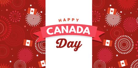 Canada day celebration. Canada Independence Day. 1st of July. Happy Canada Day greeting card. Celebration background with fireworks, flags and text. Vector illustrationのイラスト素材