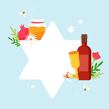 Greeting card with symbols of Jewish holiday Rosh Hashana, New Year. Shana Tova - Blessing of Happy new year. david star with rosh hashana symbols. Vector illustration designのイラスト素材