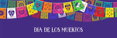Day of the dead, Dia de los muertos, banner with colorful Mexican bunting. Fiesta, holiday poster, party flyer, funny greeting card. Horizontal web bannerのイラスト素材