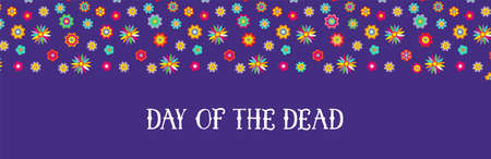 Day of the dead, Dia de los muertos, banner with colorful Mexican flowers. Fiesta, holiday poster, party flyer, funny greeting card. Horizontal web bannerのイラスト素材