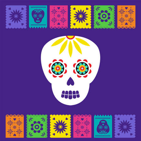 Day of the dead, Dia de los muertos, banner with traditional colorful Mexican icons. Fiesta, holiday poster, party flyer, funny greeting card. Horizontal web bannerのイラスト素材