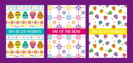 Day of the dead, Dia de los muertos, greeting cards with traditional colorful Mexican patterns. Fiesta, holiday poster, party flyer, funny greeting card.のイラスト素材