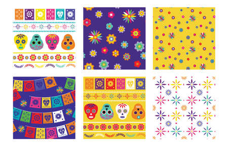 Day of the dead, Dia de los muertos, seamless patterns with traditional colorful Mexican patterns. Fiesta, holiday poster, party flyer, funny greeting card.のイラスト素材