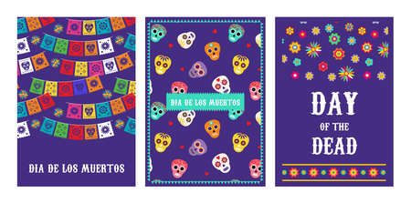 Day of the dead, Dia de los muertos, greeting cards with traditional colorful Mexican patterns. Fiesta, holiday poster, party flyer, funny greeting card.のイラスト素材