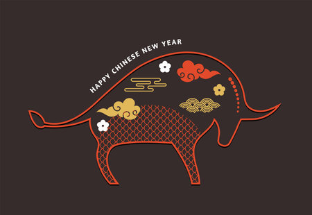 Happy Chinese New Year 2021 year of the ox . Zodiac sign for greetings card, flyers, invitation, posters, brochure, banners, calendar. Chinese pictograms are blessings.のイラスト素材