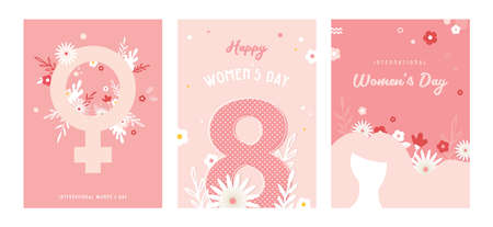 Collection of greeting card or postcard templates with flowers. Happy World Womens Day wish. Modern festive vector illustration for 8 March celebration.のイラスト素材