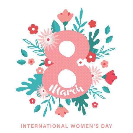 Greeting card or postcard template for World womens day. Happy Womens Day card with flowers . Modern floral vector illustration for 8 March celebration.のイラスト素材