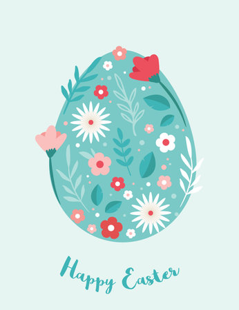 Happy Easter. Greeting cards or posters with spring flowers and Easter egg. Egg hunt poster template. Spring background. vector illustrationのイラスト素材