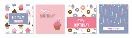 Happy birthday greeting card set and party invitation templates, with ice cream, donut and muffin patterns. birthdy sweets and treats. vector illustrationのイラスト素材