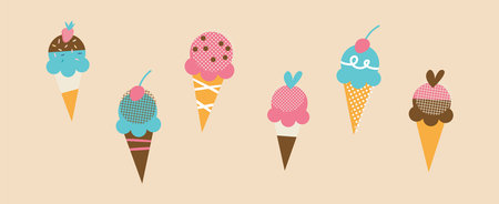 Set of tasty ice creams. Sweet summer delicacy sundaes,gelatos with different tasties,collection isolated ice-cream cones and popsicle with different topping.Vector illustration for web,design, print. vectorのイラスト素材