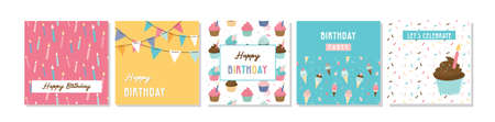 Happy birthday greeting card set and party invitation templates, with ice cream, donut and muffin patterns. birthdy sweets and treats. vector illustrationのイラスト素材