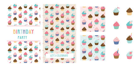 Happy birthday greeting card set and party invitation templates, with ice cream, donut and muffin patterns. birthdy sweets and treats. vector illustrationの写真素材