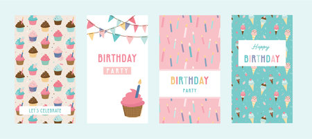 Happy birthday greeting card set and party invitation templates, with ice cream, donut and muffin patterns. birthdy sweets and treats. vector illustrationのイラスト素材