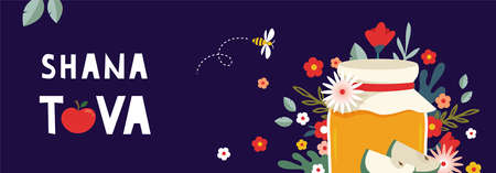 Jewish new year, rosh hashanah, greeting banner with traditional symbols, flowers and leaves. Happy New Year, Shana Tova in Hebrew. vector illustrationのイラスト素材