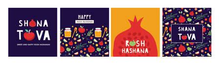 jewish new year, rosh hashanah, greeting card set with traditional icons. Happy New Year. Apple, honey, pomegranate, flowers and leaves, Jewish New Year symbols and icons. Vector illustrationのイラスト素材