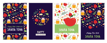 jewish new year, rosh hashanah, greeting card set with traditional icons. Happy New Year. Apple, honey, pomegranate, flowers and leaves, Jewish New Year symbols and icons.のイラスト素材