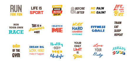 Workout and Fitness Gym Motivation Quote set. Creative Vector Typography Grunge Poster Concept. Workout inspirational Poster. Vector design for gym, textile, posters, t-shirt, cover, banner, cards, cases etc. vectorのイラスト素材