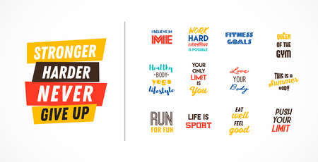 Workout and Fitness Gym Motivation Quote set. Creative Vector Typography Grunge Poster Concept. Workout inspirational Poster. Vector design for gym, textile, posters, t-shirt, cover, banner, cards, cases etc. vectorのイラスト素材