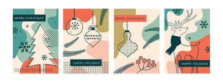 Winter landscapes, vertical banners and wallpaper for social media stories. Vector illustration in flat simple style - design templates with place for text. Merry Christmas greeting cards and posterのイラスト素材