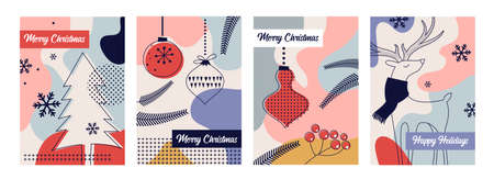 Winter landscapes, vertical banners and wallpaper for social media stories. Vector illustration in flat simple style - design templates with place for text. Merry Christmas greeting cards and posterのイラスト素材