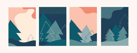 Winter landscapes, vertical banners and wallpaper for social media stories. Vector illustration in flat simple style - design templates with place for text. Merry Christmas greeting cards and posterのイラスト素材