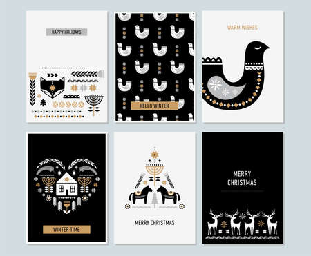 Winter folk art greeting card set in Scandinavian, Nordic style.のイラスト素材