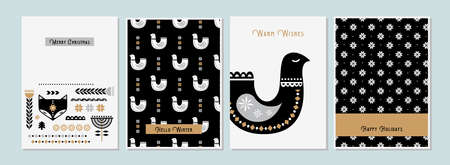 Winter folk art greeting card set in Scandinavian, Nordic style.のイラスト素材