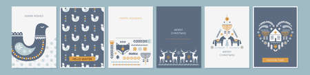 Winter folk art greeting card set in Scandinavian, Nordic style.のイラスト素材