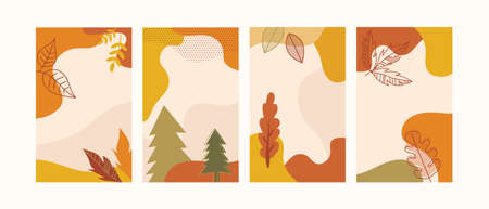 Autumn landscapes, vertical banners and wallpaper for social media stories. Vector illustration in flat simple style - design templates with place for text. fall greeting cards and poster.のイラスト素材