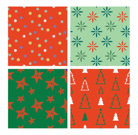 Christmas seamless pattern set. winter seasonal backgrounds. Elegant pattern with winter plants, festive decorations, party stars. Hand drawn vector illustration for wrapping paper, textile print.のイラスト素材