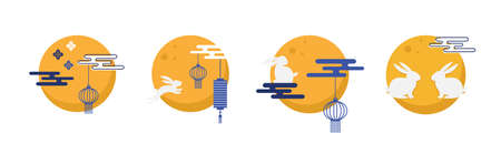 Mid Autumn Festival icons. traditional asian moon and clouds. Asian harvest traditional festival. Chuseok, mid autumn korea festival. Vector illustrationのイラスト素材