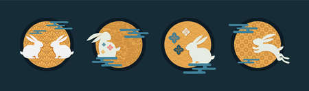 Mid Autumn Festival icons. traditional asian moon and clouds. Asian harvest traditional festival. Chuseok, mid autumn korea festival. Vector illustrationのイラスト素材