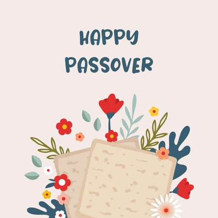Pesah celebration concept, jewish Passover holiday. Matzah bread, spring flowers and passover greeting. Pesach template, invitation and greeting card designのイラスト素材