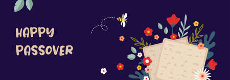 Jewish pesach holiday, Passover, greeting banner with traditional symbols, flowers and leaves. vector illustrationのイラスト素材