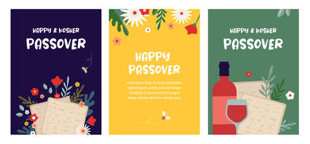 Jewish pesach holiday, Passover, greeting card set with traditional icons. Happy Passover. matza bread, wine, flowers and leaves, passover symbols and icons. Vector illustrationのイラスト素材