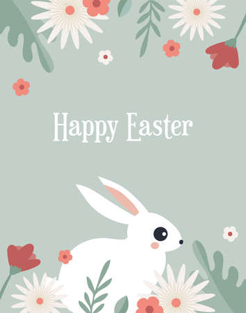 Boho Easter concept design, bunnies, eggs, flowers and rainbows in pastel and terracotta colors, flat vector illustrationsのイラスト素材