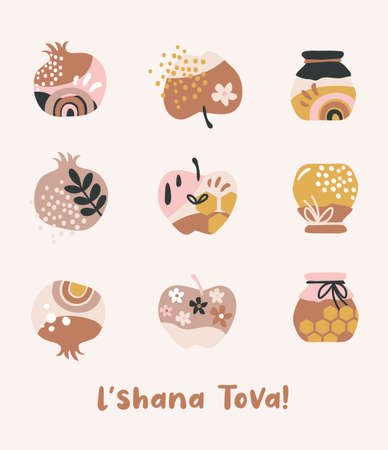 Rosh Hashana, Jewish holiday icons with abstract patterns. Apple, honey, pomegranate and flowers, New Year symbols and icon. Vector illustrationのイラスト素材